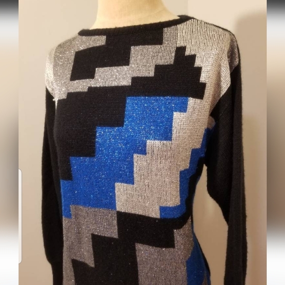 VINTAGE GEOMETRIC SWEATER 80S METALLIC MADEMOISELLE RETRO FALL WINTER 70S BLOCKS - Picture 5 of 12